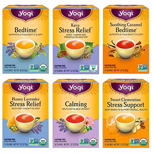 Yogi Tea Stress Relief & Herbal Tea Variety Pack - 16 Tea Bags per Pack (6 Packs) - Organic Herbal Tea Sampler - Includes Bedtime Tea, Kava Stress Relief Tea, Soothing Caramel Bedtime Tea & More
