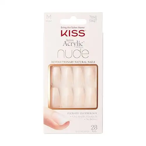 KISS Salon Acrylic Press On Nails, Nail glue included, Leilani’, French, Medium Size, Coffin Shape, Includes 28 Nails, 2g Glue, 1 Manicure Stick, 1 Mini file