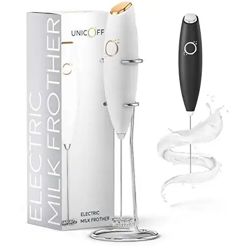 Drink Frother White - Coffee Frother Handheld with Electric Whisk - 19000 rpm - Book Recipes and Stainless Steel Stand Included - Hand Mixer Electric (White and Gold)