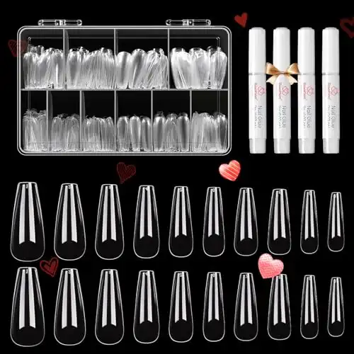 Beetles Acrylic Nails Kit 500Pcs Long Coffin Pre-Shaped Clear Full Cover Soft False Nails with Nail Glue, Nail Tips Soak Off Easy Nail Extension Set for DIY Nails Art Home Gift for Women